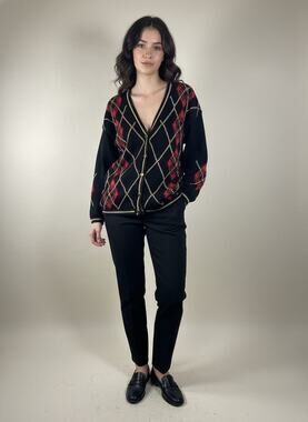 Vintage Hand Embroidered Argyle Holiday Grandpa Button-Front Cardigan Sweater